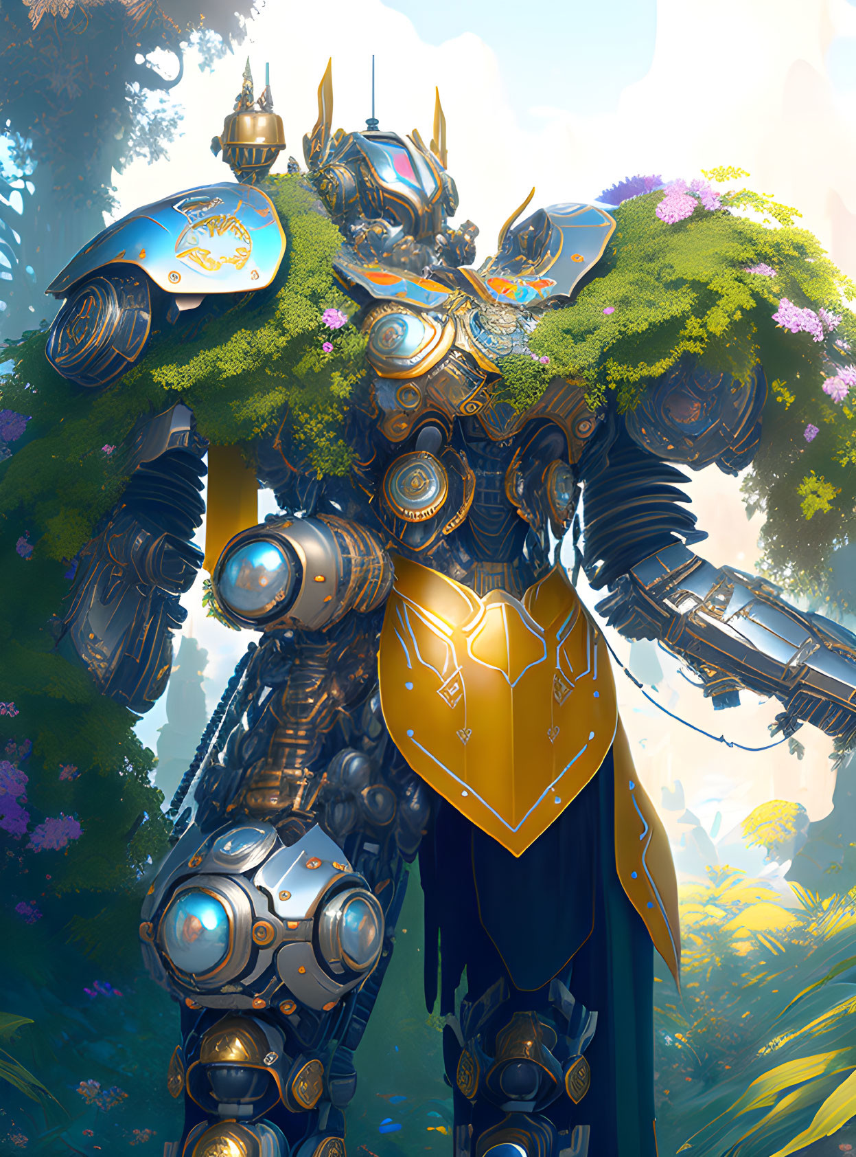 Nature-inspired robot with tree canopy shoulder in vibrant forest.