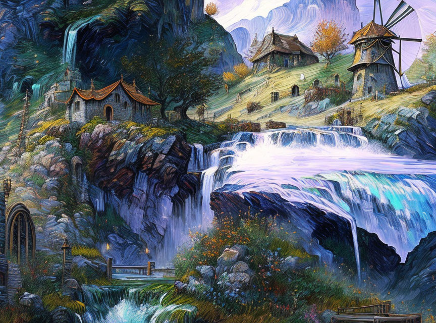 Tranquil landscape with waterfall, windmill, houses, greenery, flowers