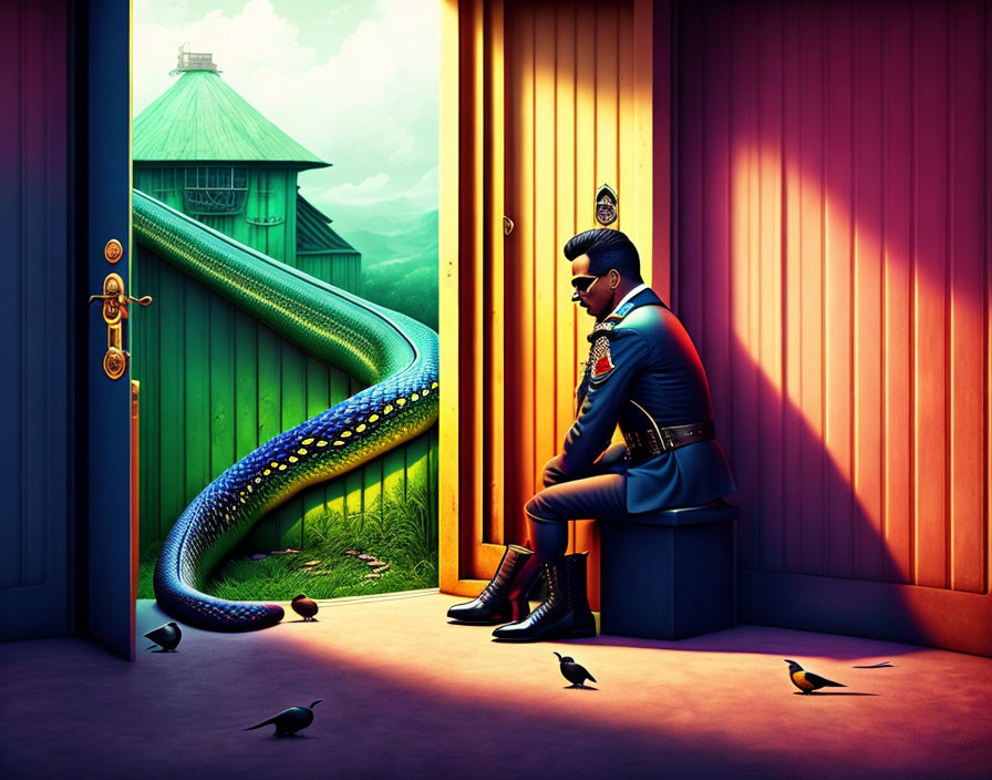 Uniformed man unaware of large snake in vibrant, colorful scene