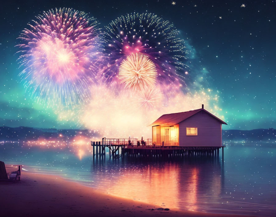 Wooden pier and hut on serene beach with colorful sky and fireworks.