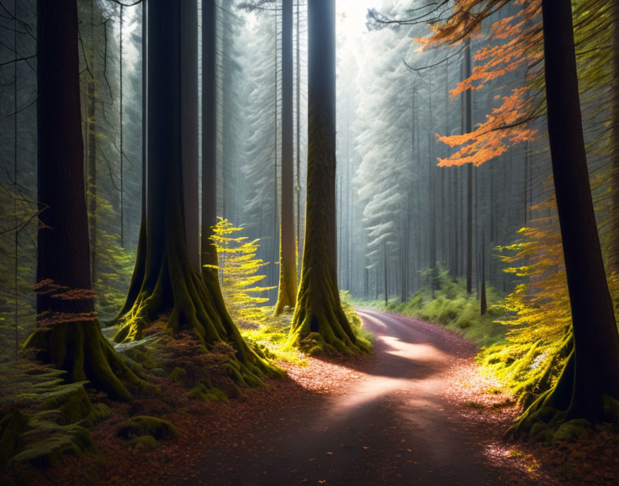 Tranquil Forest Path with Towering Trees and Sun Rays