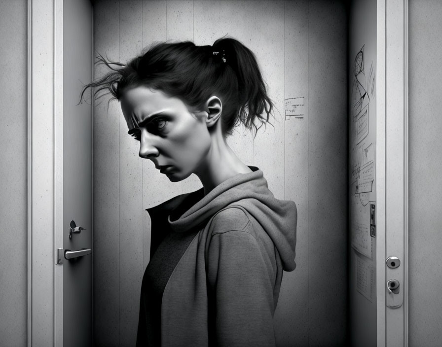 Monochrome portrait of woman with bold eye makeup in confined space