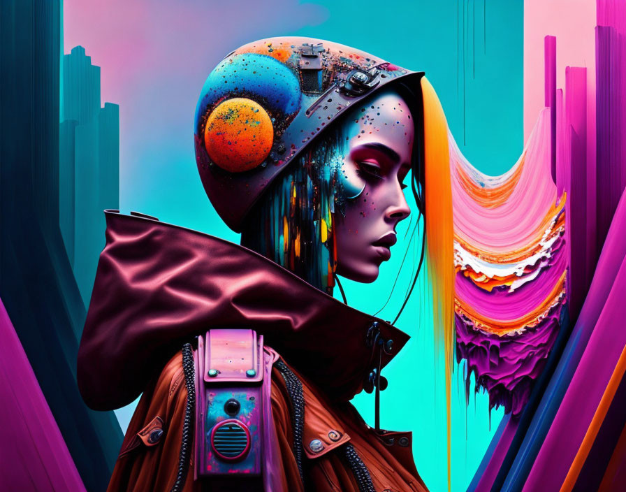 Futuristic female figure in space helmet with vibrant surreal background