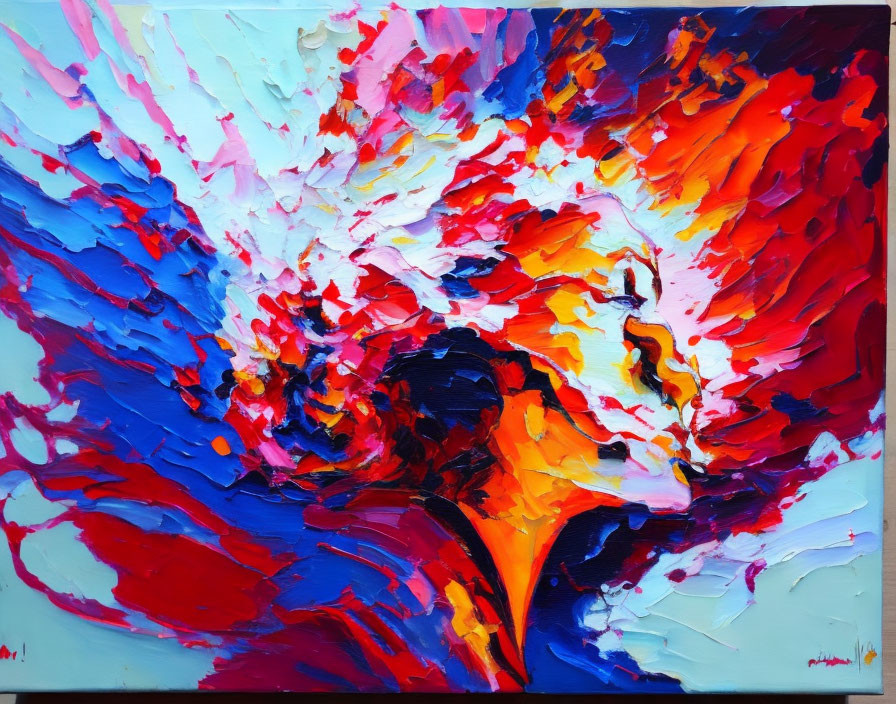 Colorful Abstract Painting with Red, Blue, and White Explosive Hues