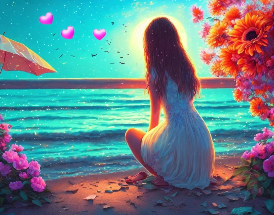 Woman in white dress at sunset by the sea with flowers and pink umbrella.