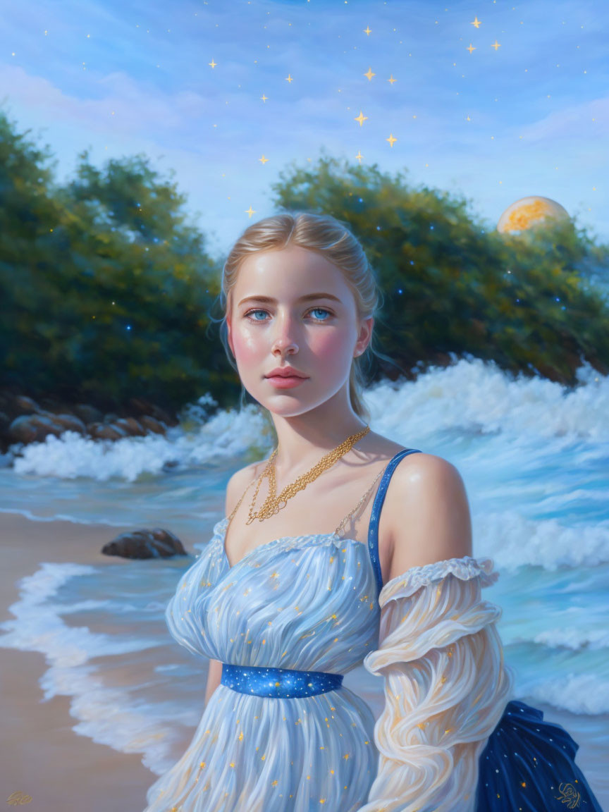 Digital artwork of woman in blue dress by the sea under starry sky