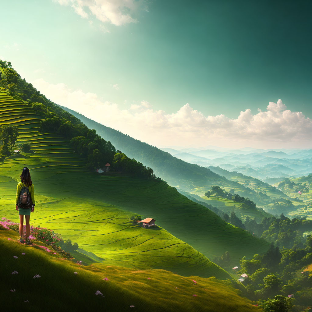 Scenic view of person on lush green terraced hill overlooking valley