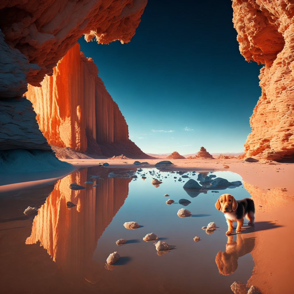 Puppy by Reflective Water Pool and Sandstone Cliffs