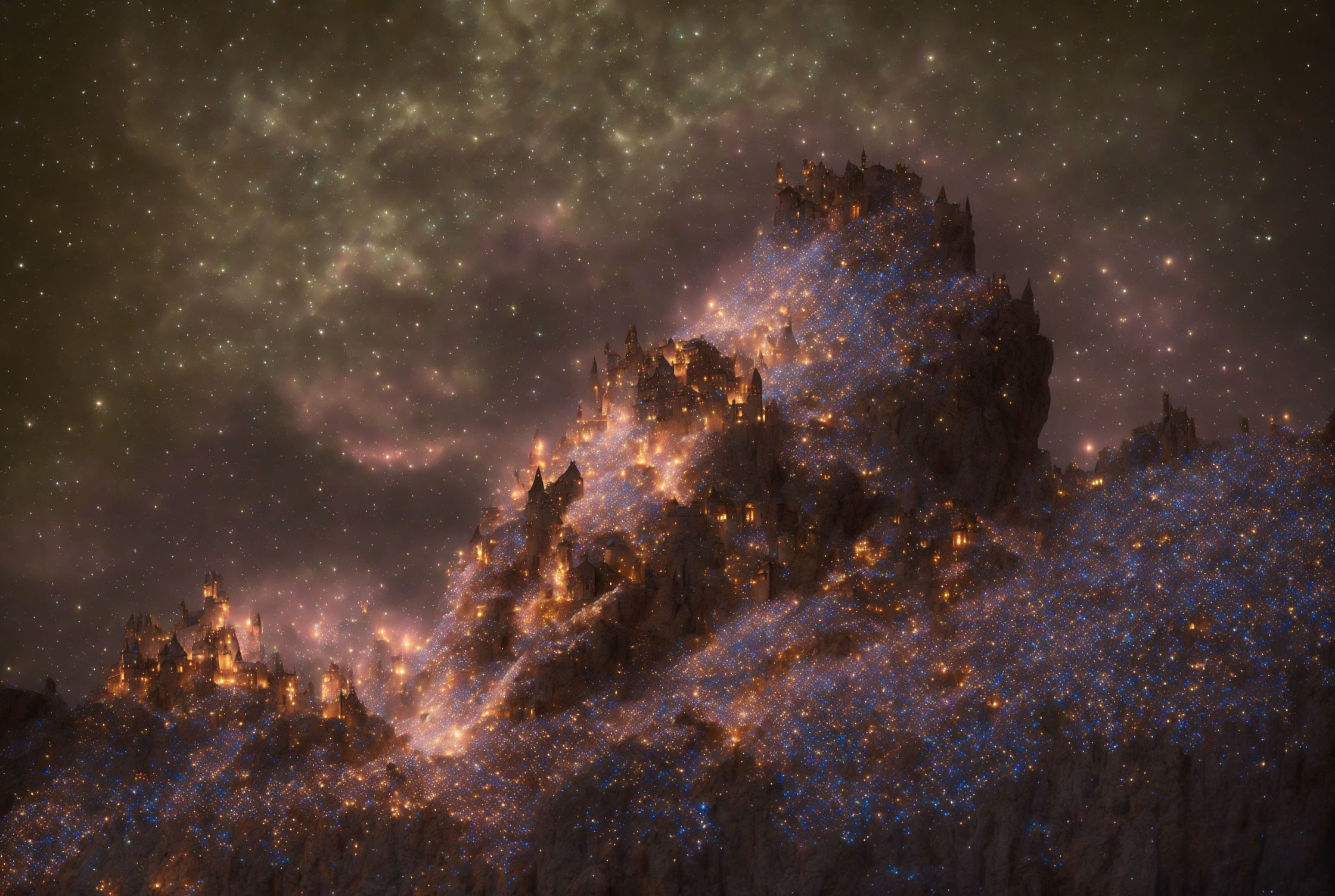 Ethereal nightscape: Mountain silhouette with glowing structures