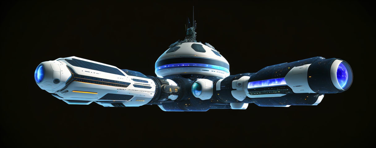 Futuristic spaceship with central spherical structure and blue glow against dark background