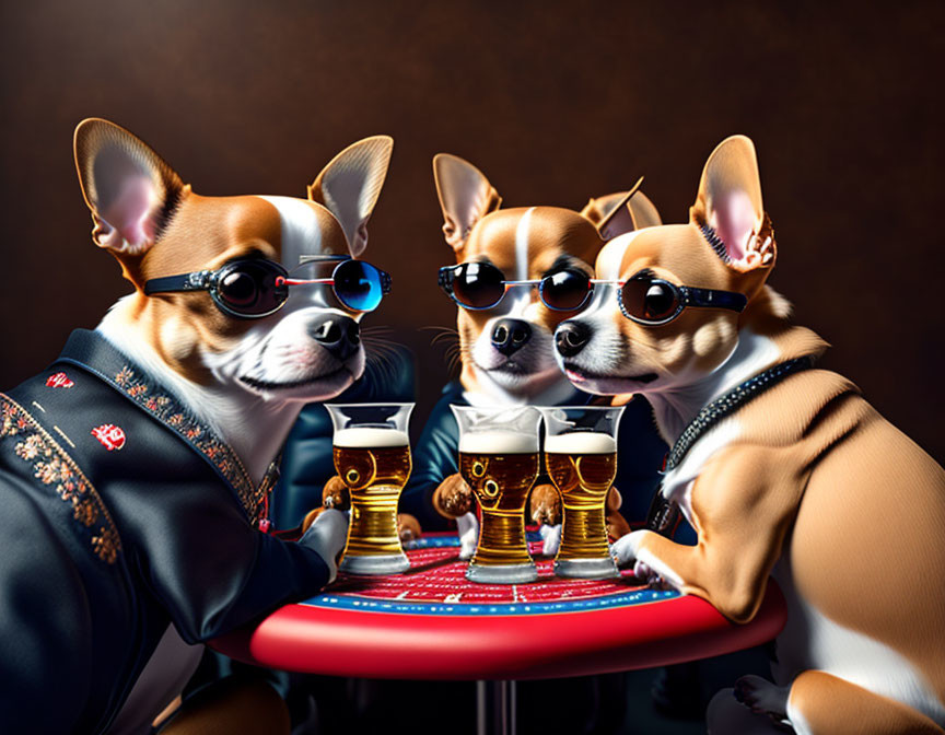 Three cartoon dogs in sunglasses and stylish outfits at a table with beer pints