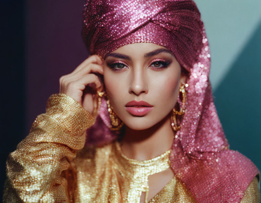 Striking makeup woman in pink turban and golden outfit on two-tone background