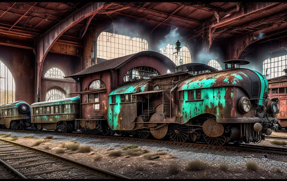 Abandoned, rusting train in dilapidated railway shed