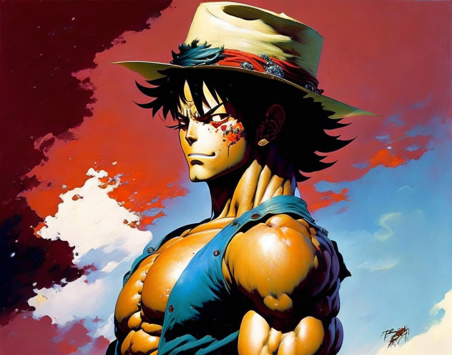 Muscular character in straw hat with scar under eye on red sky background