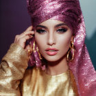 Striking makeup woman in pink turban and golden outfit on two-tone background