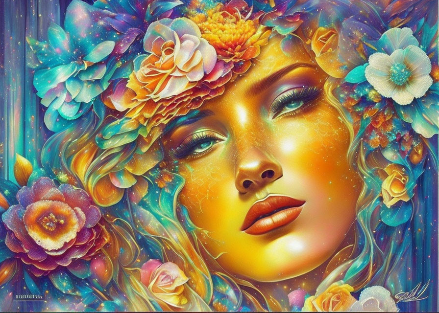 Woman's face with floral and cosmic elements blending beauty and celestial theme