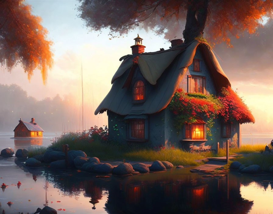 Thatched-Roof Cottage by Misty Lake at Dusk