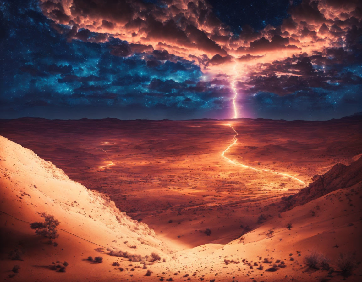 Dramatic desert landscape at night with lightning strike under cloud-covered sky