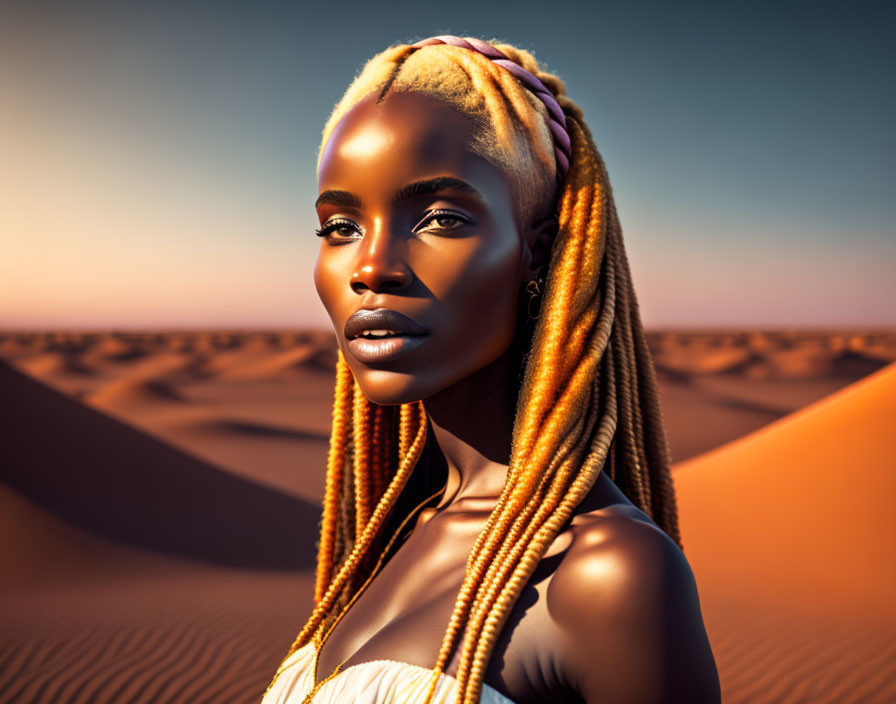 Blonde woman with braided hair in desert landscape.