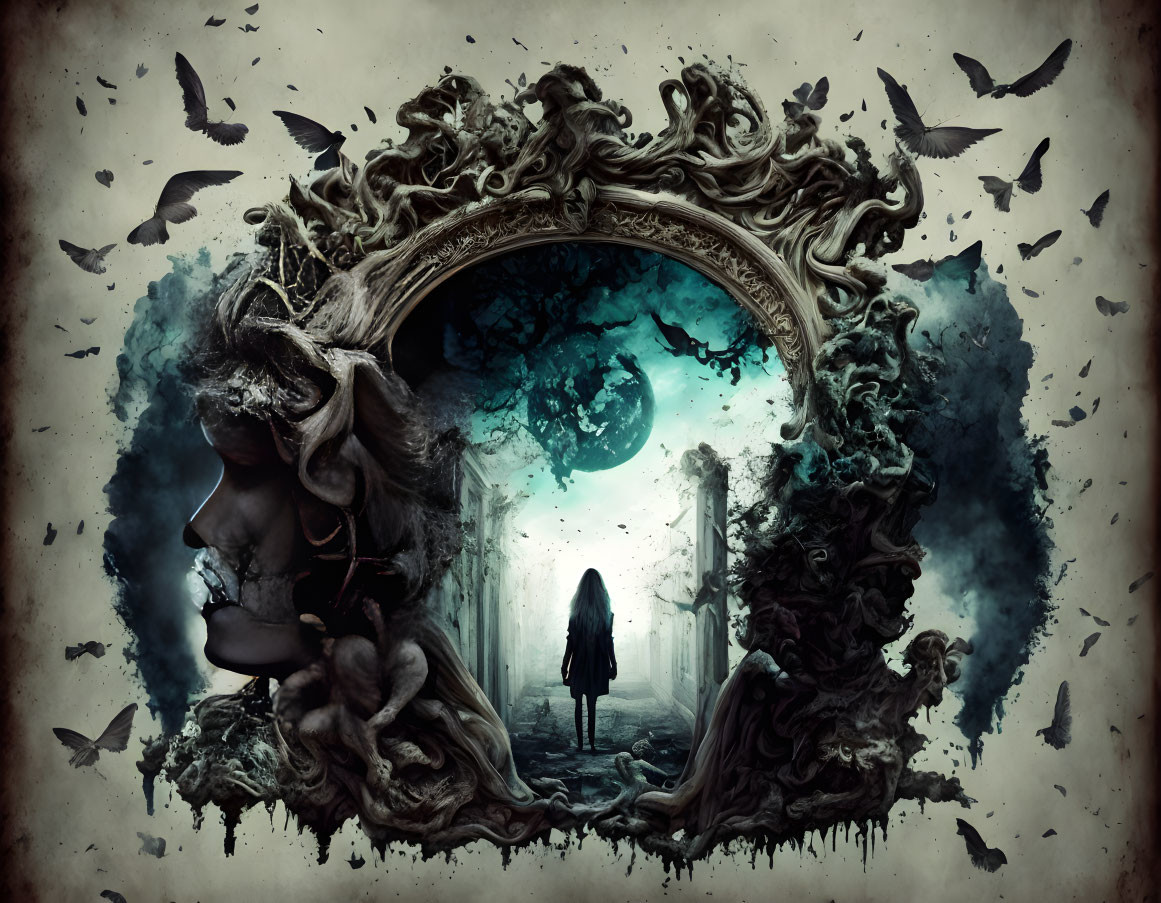 Surreal artwork: person in dilapidated corridor with ornate frame, horned figure,