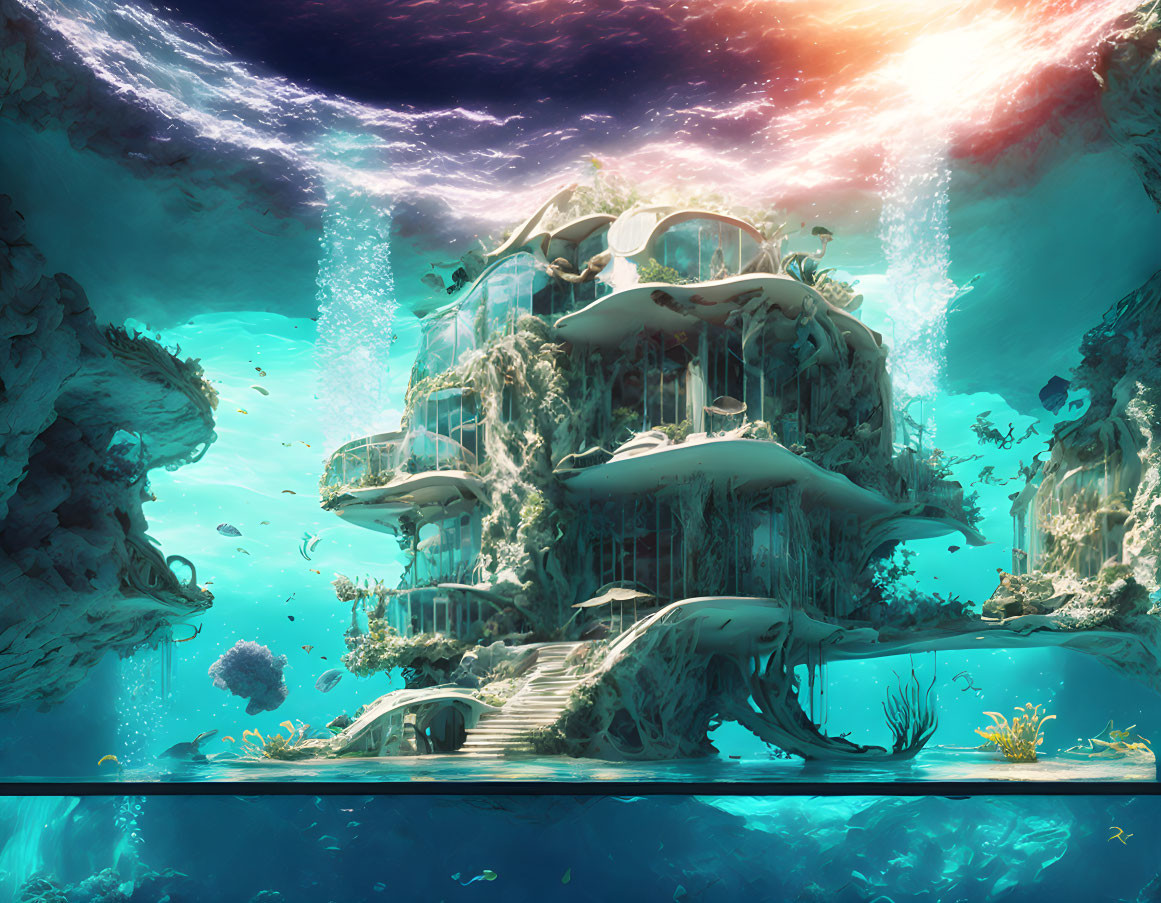 Fantastical underwater scene with cascading waterfalls and marine life