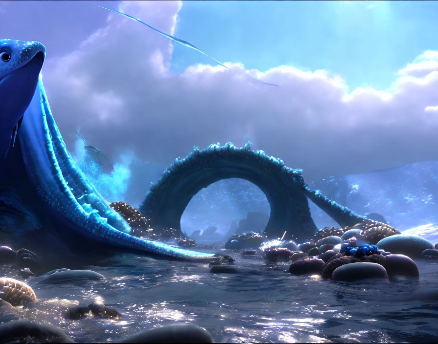 Blue sea serpent emerges from ocean under dramatic sky with marine life.