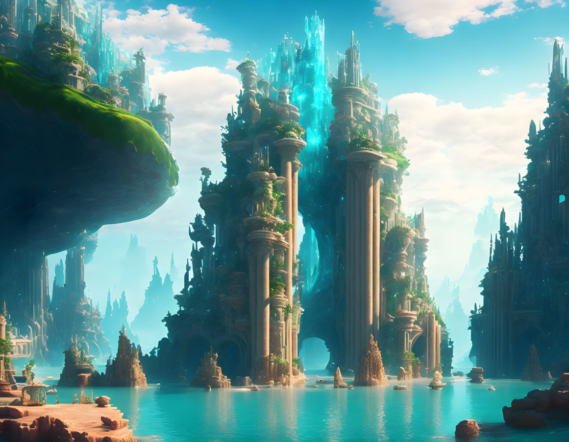 Fantastical landscape with crystal spires, cliffs, and tranquil water