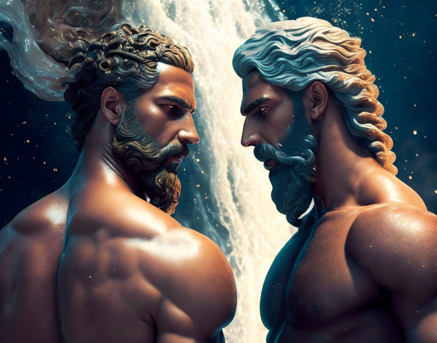 Muscular, bearded animated characters with ornate hair in cosmic setting