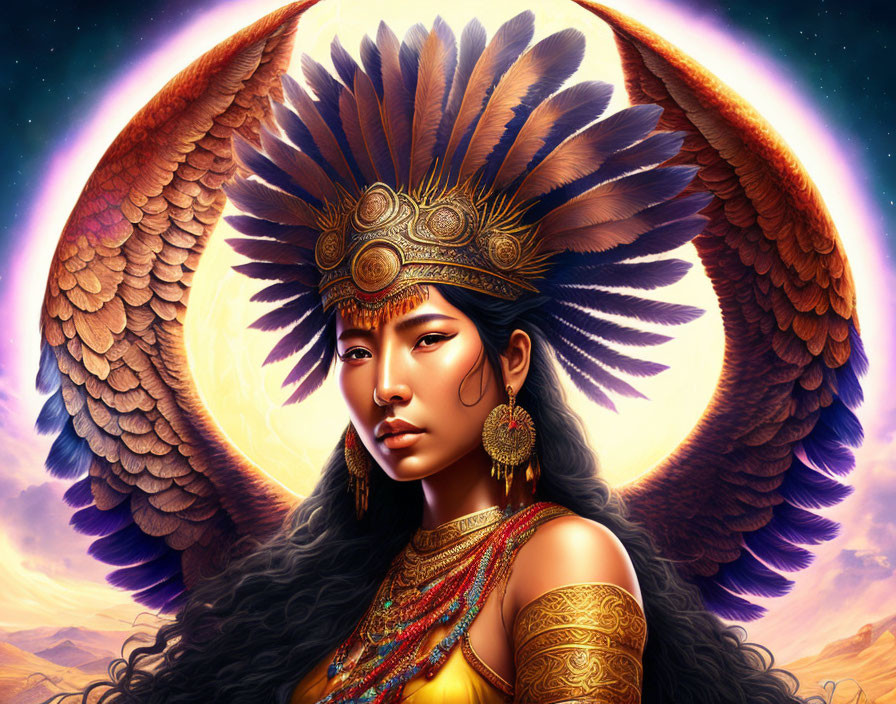 Stylized image of a woman with feathered headdress and golden jewelry