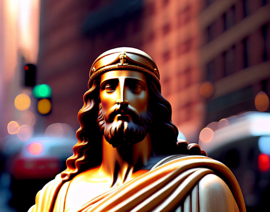 Regal bearded figure sculpture with crown against urban street backdrop