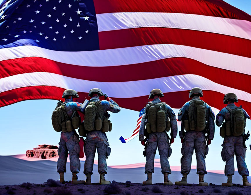 Soldiers in Camo Gear Under Large American Flag at Twilight