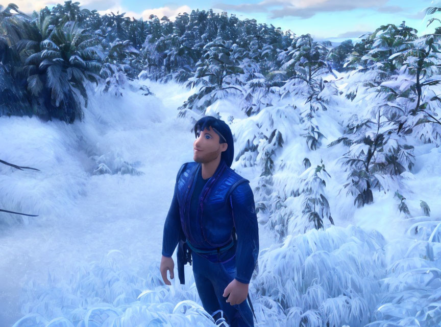 Blue-jacketed animated character in snowy forest landscape with frost-covered trees and dusky sky