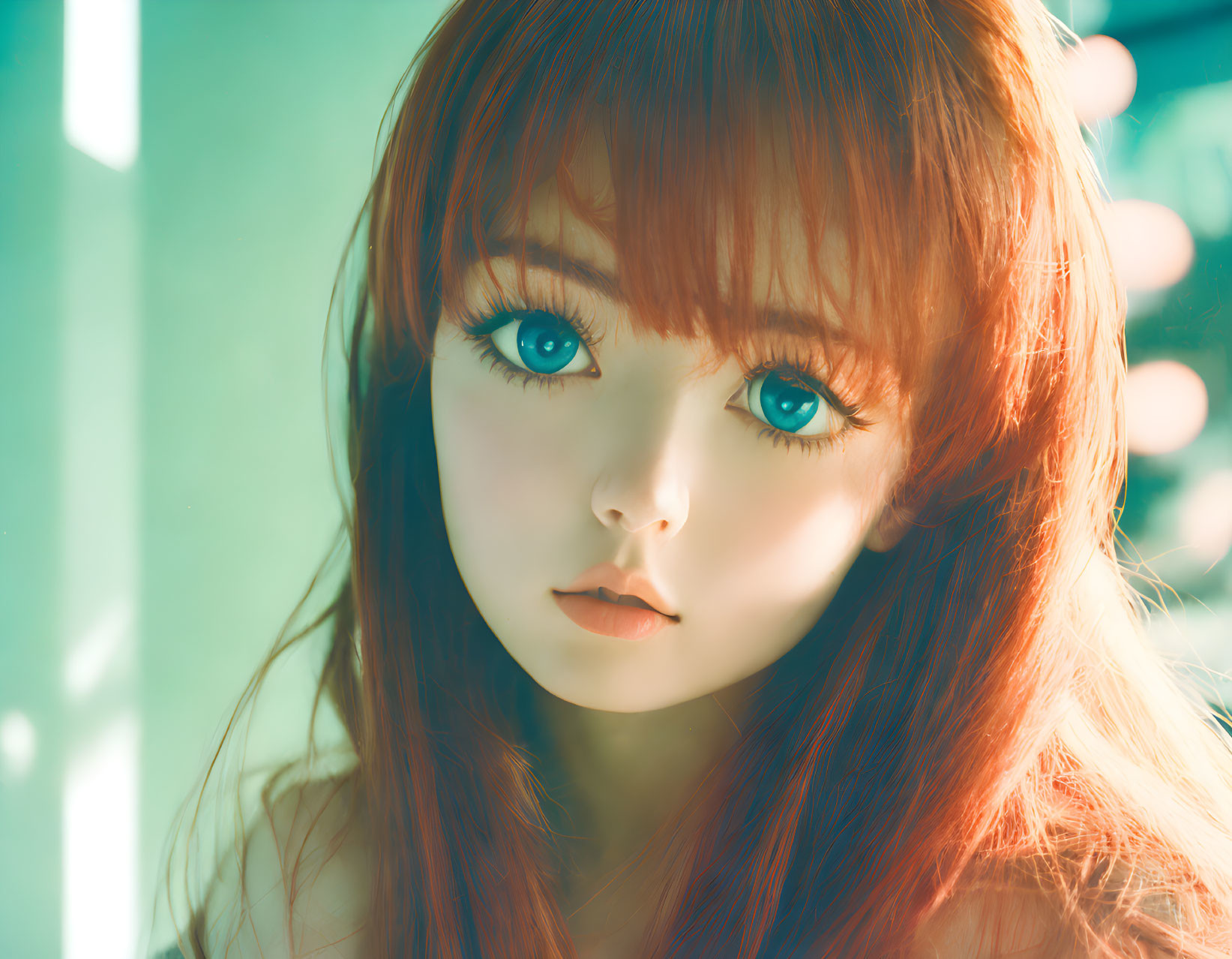 Digital Artwork: Girl with Sparkling Blue Eyes and Auburn Hair