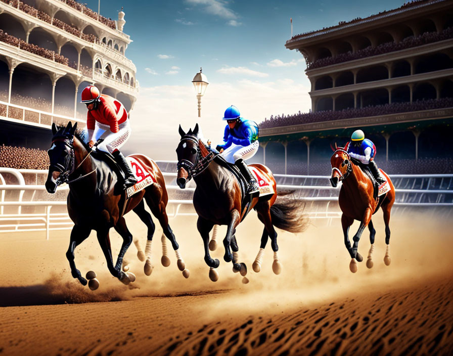 Three jockeys on racehorses compete on a track with a grandstand in the background