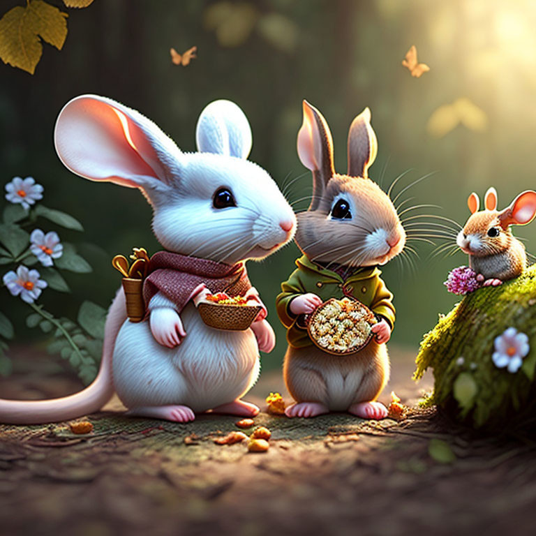 Anthropomorphic mice in forest setting with magical atmosphere.