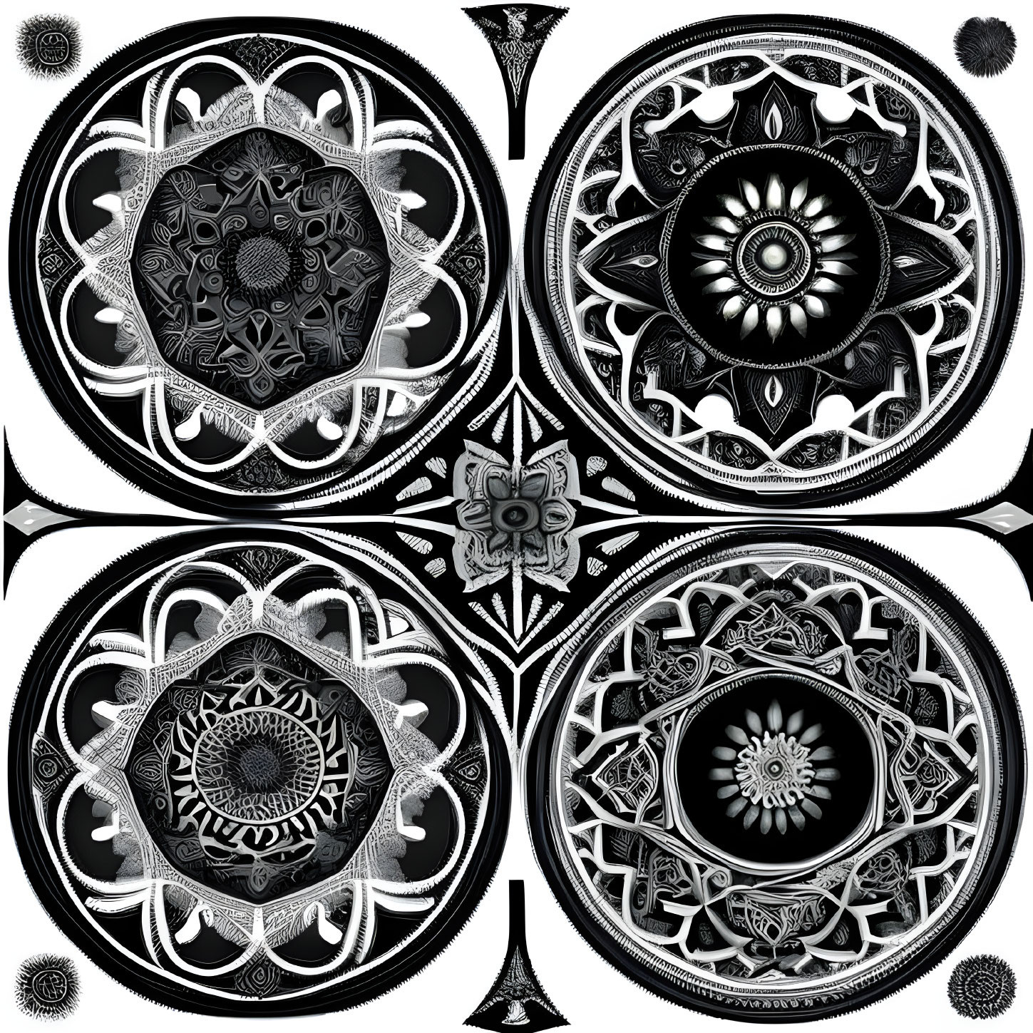 Grayscale image featuring symmetrical mandalas with intricate floral and geometric patterns