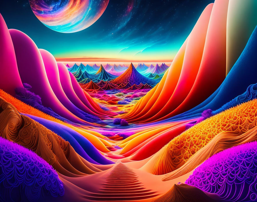 Colorful surreal landscape with undulating hills, moon, and starry sky