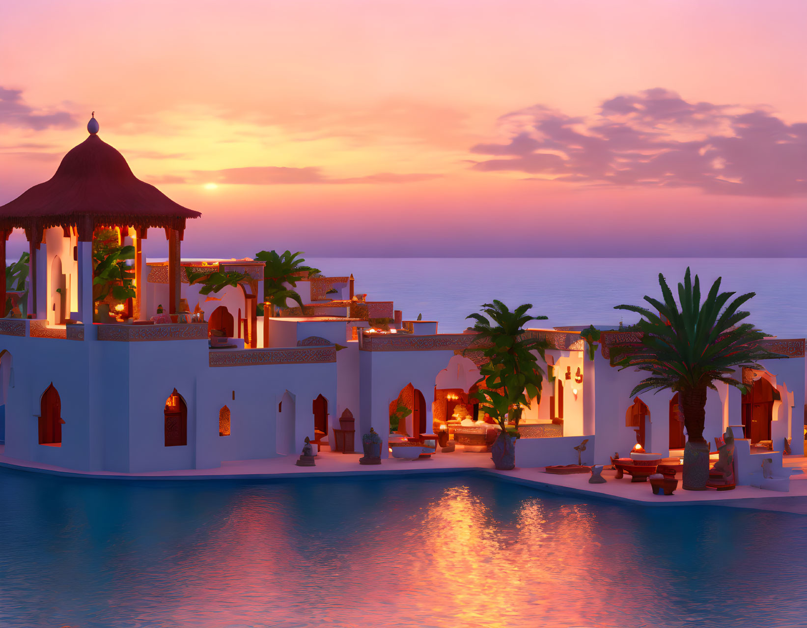 Luxurious seaside resort at sunset with traditional architecture and palm trees