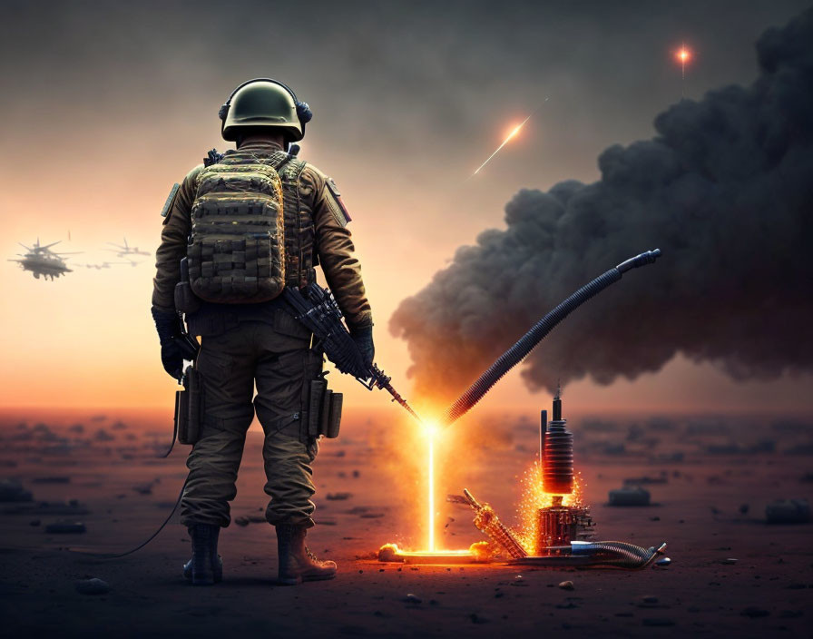 Military soldier in gear amidst battle scene with explosions, fallen artillery, and helicopters.