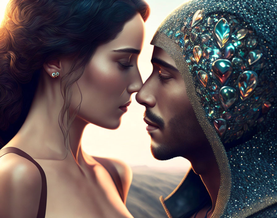 Stylized characters in close embrace, man in gem-encrusted hood, woman with bare