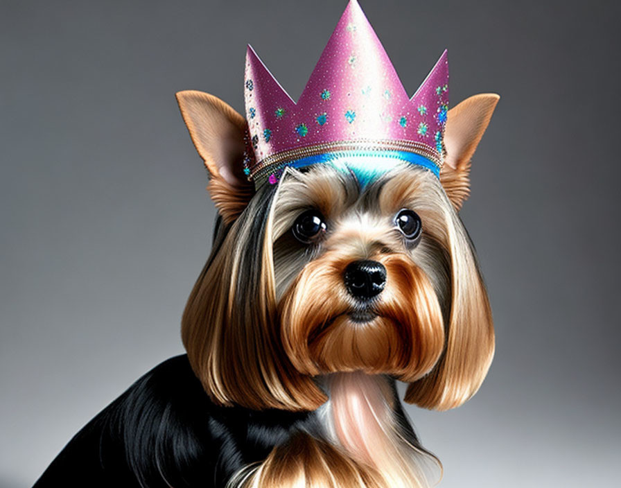 Yorkshire Terrier in Pink Sparkly Crown on Gray Background