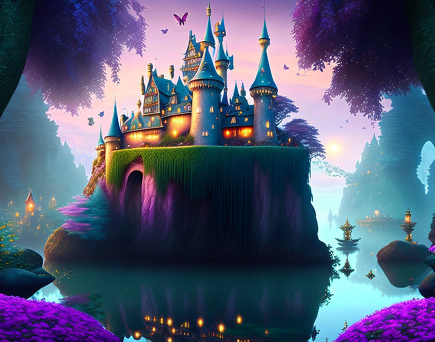 Enchanting castle on lush cliff with glowing lanterns at twilight