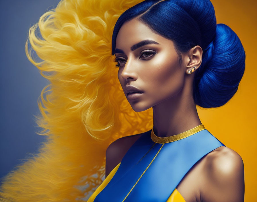 Vibrant blue hair woman in updo, blue and yellow dress, high collar, yellow backdrop