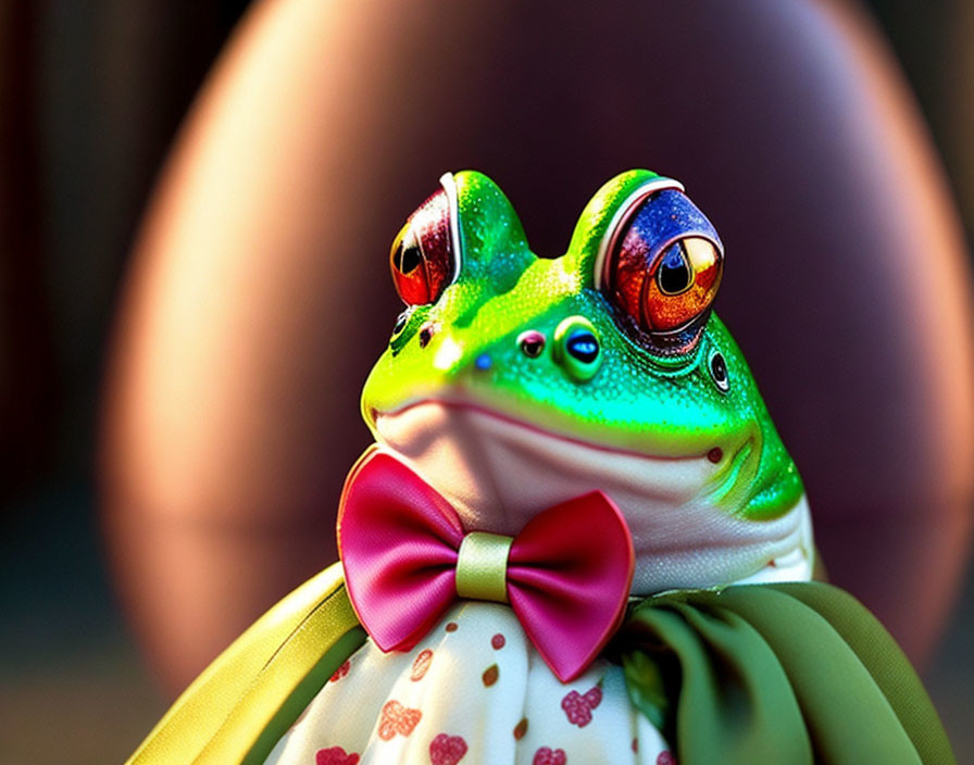 Whimsical frog illustration with big reflective eyes and patterned outfit