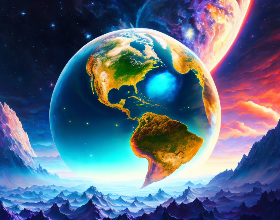 Oversized Earth with Americas, starry backdrop, fiery celestial body, and alien landscape