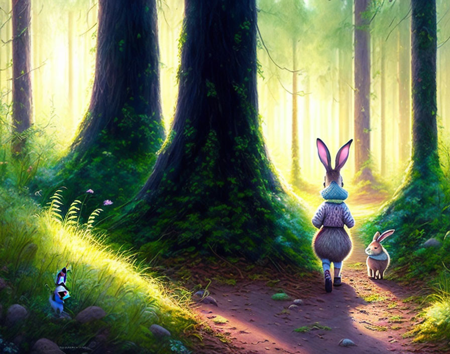 Anthropomorphic rabbits in forest: one in dress, one with basket, small one watching