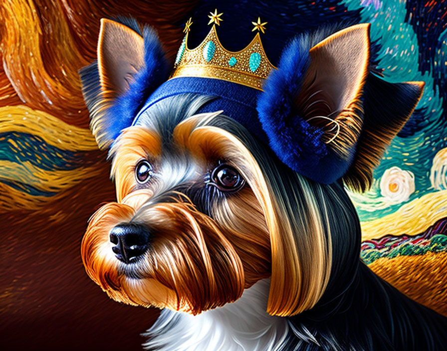 Whimsical Yorkshire Terrier Artwork with Royal Blue Crown on Starry Night Background