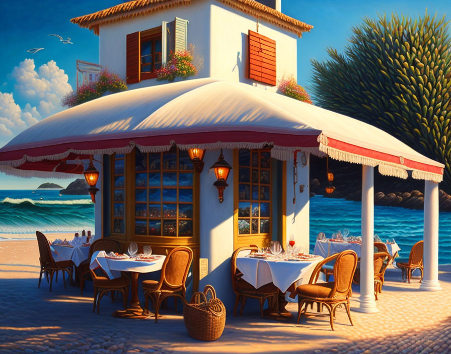 Seaside restaurant with set tables, lush greenery, ocean view