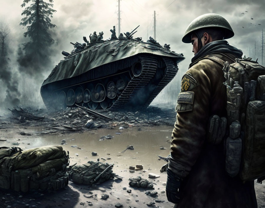 Military soldier overlooking tank on battlefield under gloomy sky