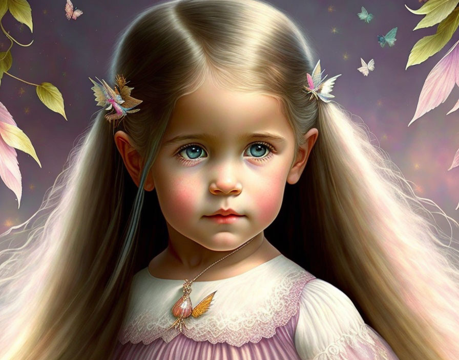 Digital Artwork: Young Girl with Blue Eyes and Butterflies in Autumnal Setting